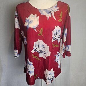 Red Tunic Blouse with White Roses 3/4 Sleeve No Brand Size XXXL